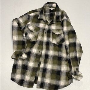 Plaid Button Down Flannel Shirt in Olive Green and Black